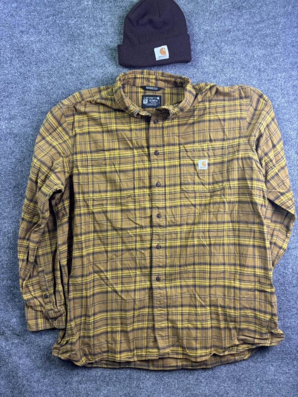 Carhartt Shirt Mens 2XLT Plaid Flannel Long Sleeve Buttons Rugged Flex w/ Beanie